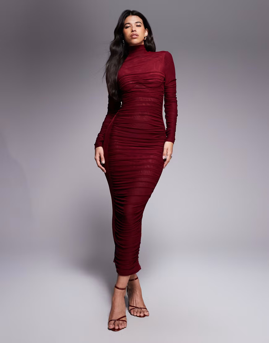 Ruched & Ready It Girl sculpted semi sheer mesh high neck bodycon maxi dress in burgundy-Red | ASOS (Global)