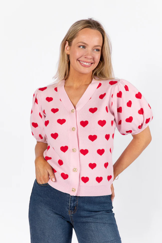 Ask Me Out Pink and Red Puff Sleeve Heart Cardigan | Pink Lily