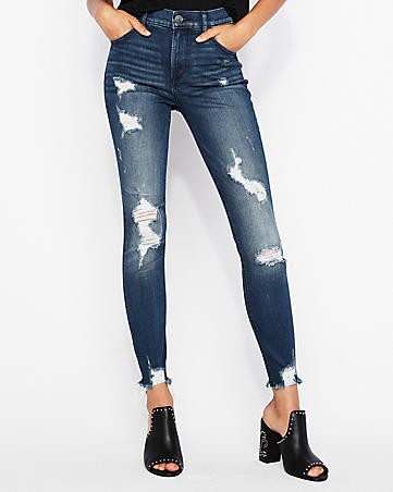 High Waisted Ripped Denim Perfect Stretch+ Ankle Leggings | Express
