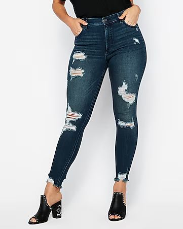 High Waisted Destroyed Denim Perfect Stretch+ Ankle Leggings | Express