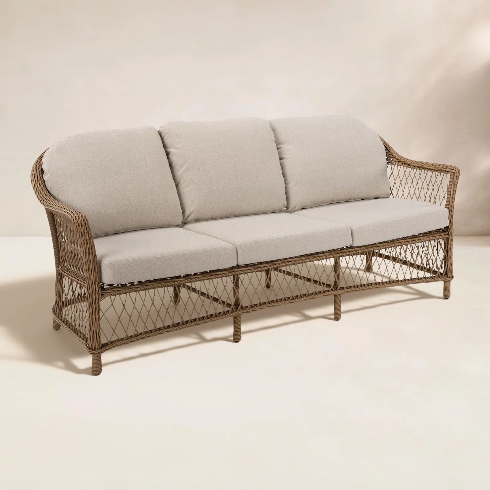 Kyla 1-Piece Wicker Patio 3-Seater Sofa With Beige Cushions | Birch Lane
