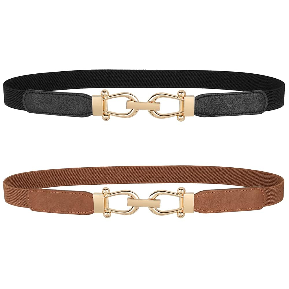 JASGOOD Women Skinny Elastic Belt for Dresses,Thin Retro Stretch Waist Belt with Golden Buckle | Amazon (US)