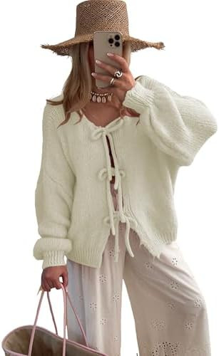 SKIKYAN Women Bowtie Oversized Knit Sweater Cardigan Y2K Long Sleeve V Neck Open Front Casual Kni... | Amazon (US)