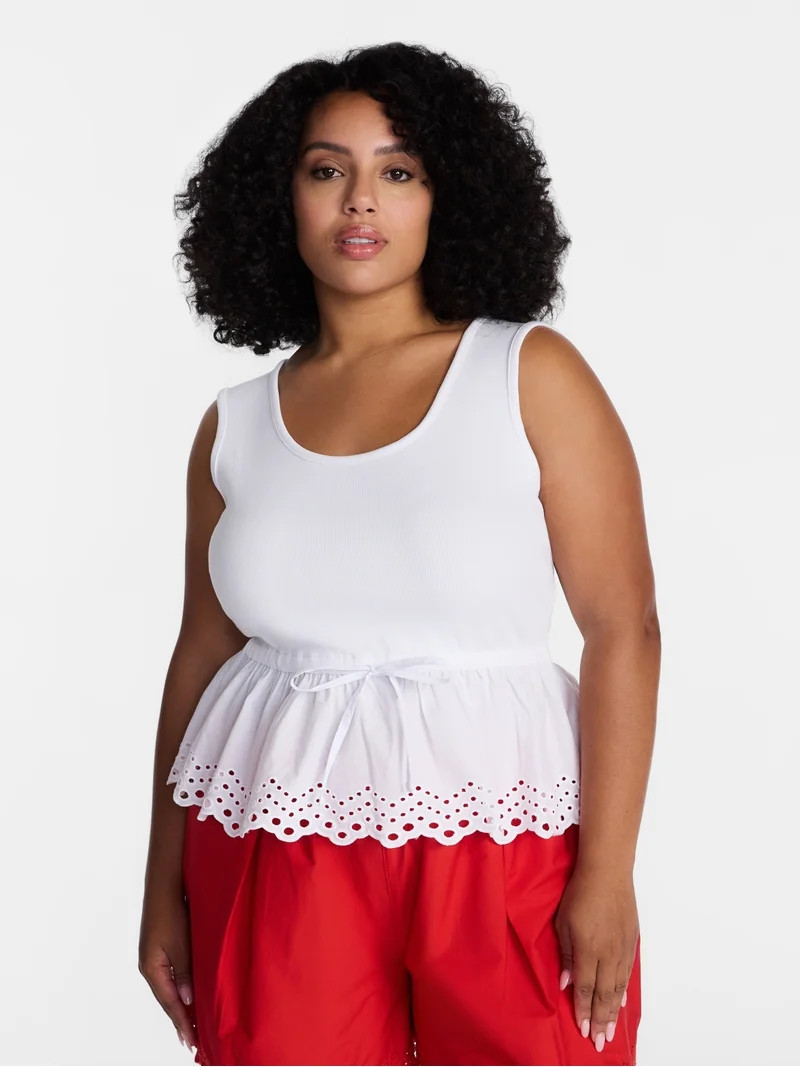 Time and Tru Women's Eyelet Trim Tank Top with Peplum Hem, Sizes XS-XXXL | Walmart (US)