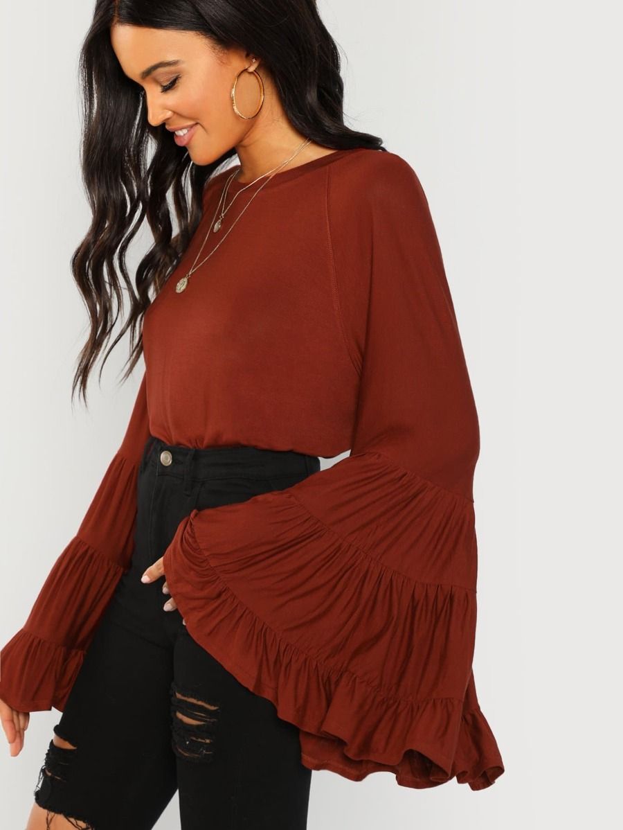 Tiered Bell Sleeve Solid Blouse | SHEIN