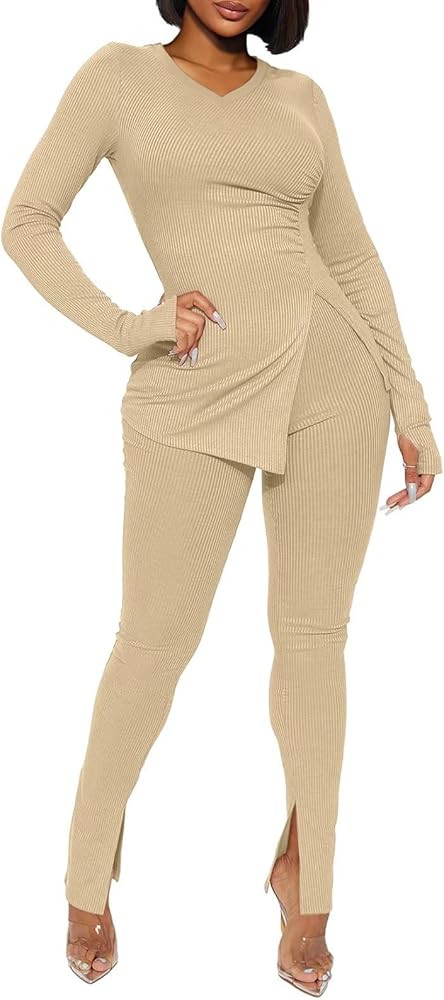 Ekaliy Women's Sexy 2 Piece Outfits V Neck Split Ribbed Tops Flared Pant Set Tracksuit Streetwear | Amazon (US)