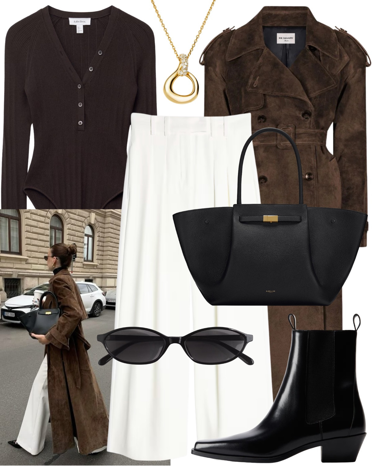 Suede is the must have texture this season so why not make it the main part of the outfit?

Including suede trench coat, brown bodysuit, white tailored trousers, gold necklace, oval sunglasses, black leather handbag, black heel Chelsea boots  

#LTKautumn #LTKbag #LTKstyletip