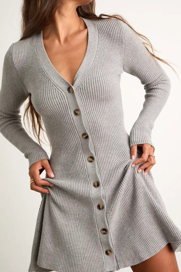Adorably Flirty Heather Grey Button-Front Sweater Mini Dress | Lulus