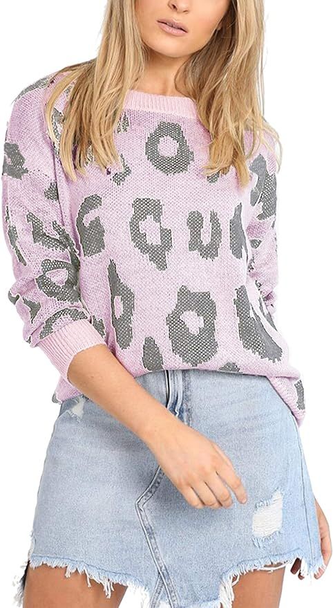 Angashion Women's Causal Long Sleeve Crew Neck Leopard Print Knitted Pullover Sweater Tops | Amazon (US)