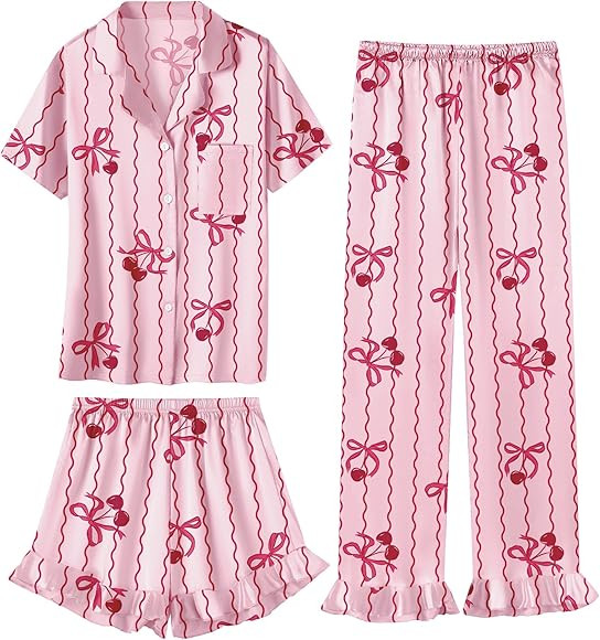 Umeyda Girls 3 Pieces Pajamas Sets Silk Satin Ruffle Sleepwear Short Sleeve Button-Down 3Pjs Nigh... | Amazon (US)