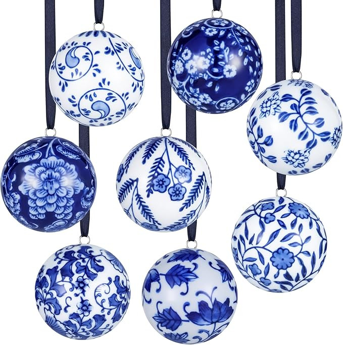 8 Pcs Christmas Porcelain Balls 2.4 Inch Blue and White Ceramic Chinoiserie Ornament Bulk with Si... | Amazon (US)