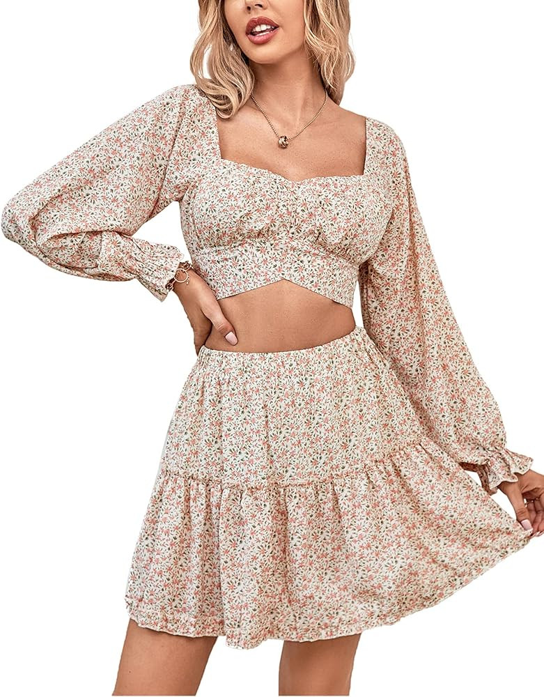 LYANER Women's 2 Piece Outfits Self Tie Knot Crop Top and Mini Skirt Set | Amazon (US)