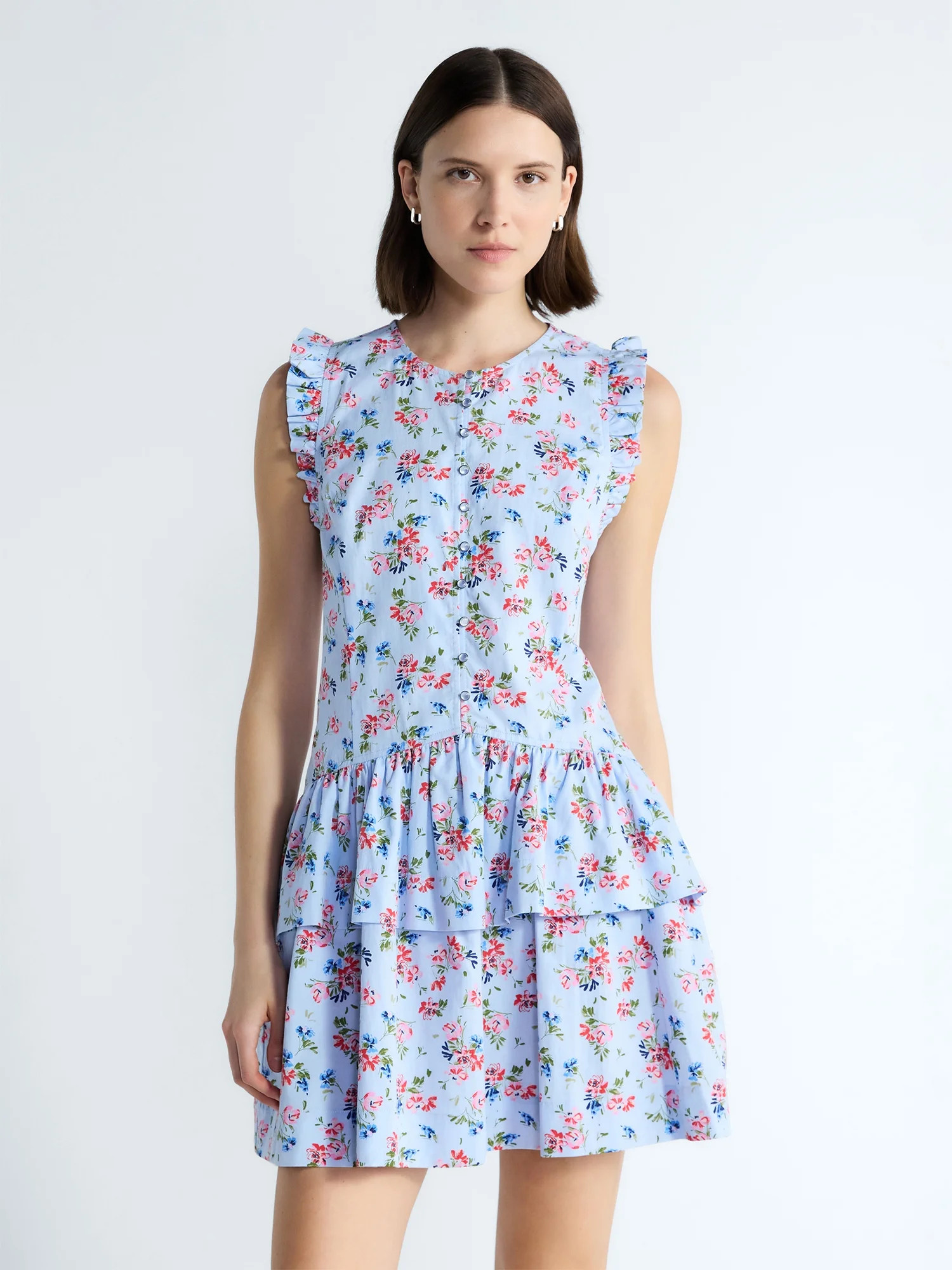 Free Assembly Women's Button Front Cotton Mini Dress with Flutter Sleeves, Sizes XS-XXL | Walmart (US)