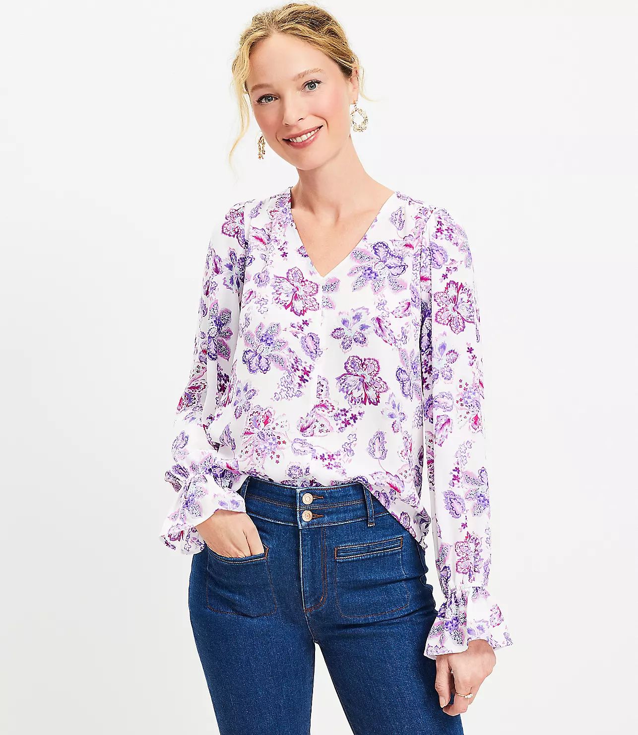 Floral Mixed Media Ruffle Cuff V-Neck Top | LOFT