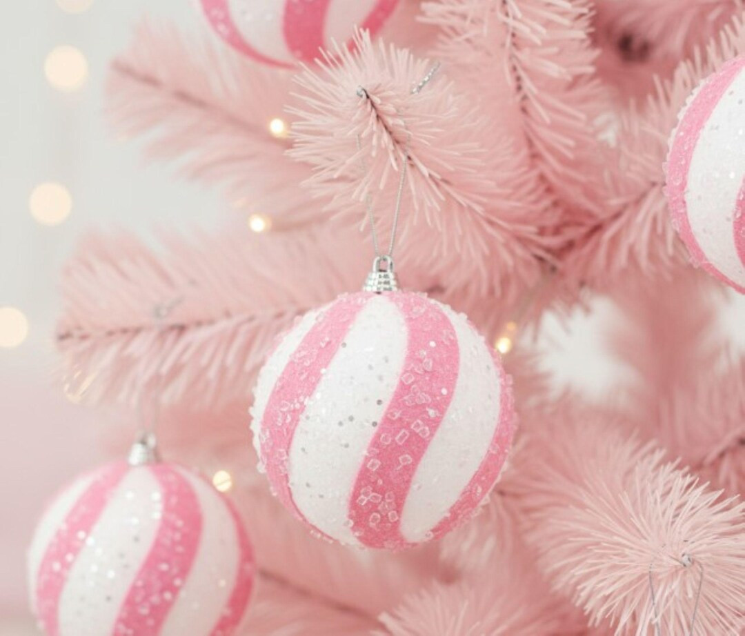 Chic Pink and White Striped Christmas Ornaments (4-count) | 3.9" Glittered Tree Trimming Decor | ... | Etsy (US)