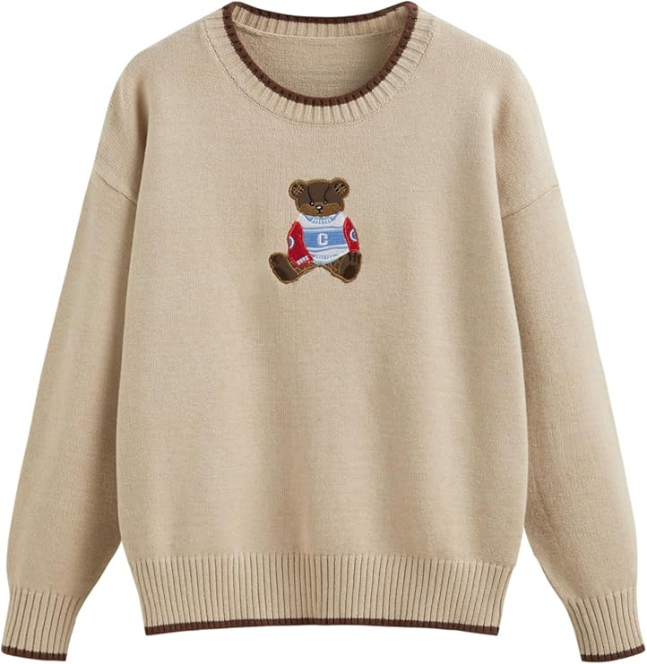 CIDER Women's Fall Sweaters Long Sleeve Cute Sweaters Bear Graphic Crewneck Soft Knit Casual Crop... | Amazon (US)