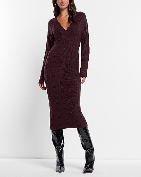 Cable Knit V-neck Long Sleeve Midi Sheath Sweater Dress | Express