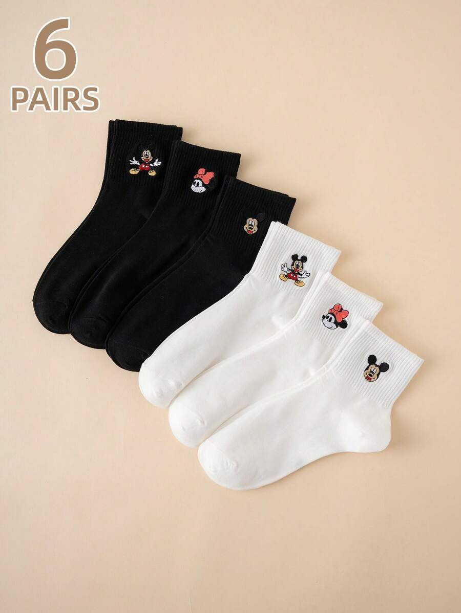 Disney 6pairs Women's Breathable Comfortable Embroidered Colorful Disney Mickey Mouse Cartoon Cha... | SHEIN