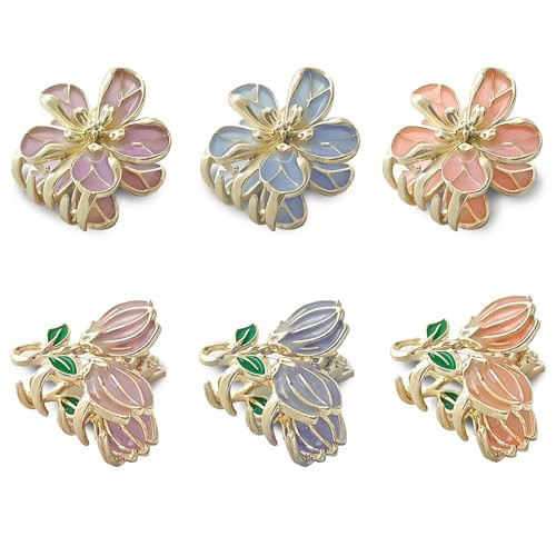 ZAINY 6 Flower Metal Hair Claw Clips for Women, Small Cute Gold Plumeria Hawaiian Floral Girl Hair Accessories, Decorative Butterfly Hairclips for Thick & Thin Hair, Strong Claws, Hibiscus & Tulips | Amazon (US)