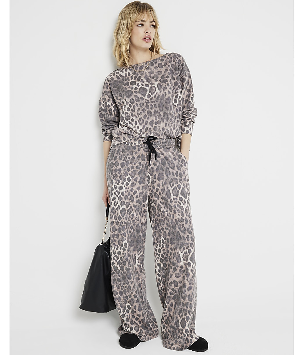 Brown Leopard Print Wide Leg Joggers | River Island (UK & IE)