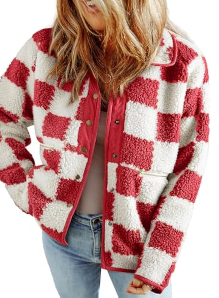 SHEWIN Jackets For Women Causal Sherpa Fall Jacket Loose Button Down Plaid Winter Coats | Amazon (US)