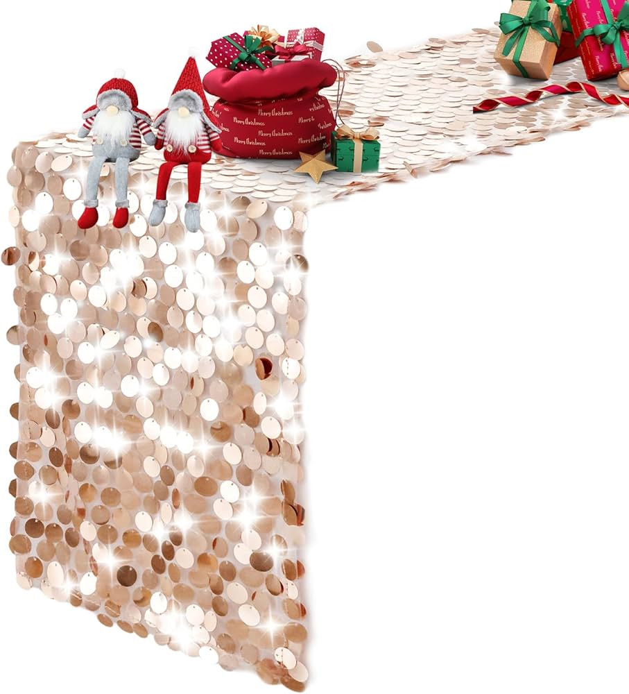 Pufogu 12 x 108 Inch Sequin Table Runner, Rose Gold Glitter Premium Big Sequin Table Runner, Rect... | Amazon (US)