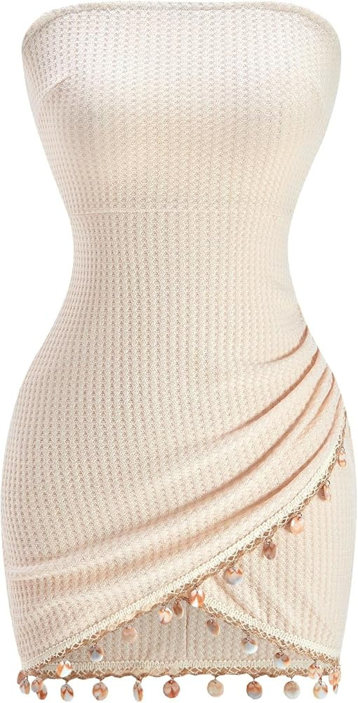 Women's Strapless Open Back Mini Dress Boho Bodycon Shell Ornament Hem Vacation Outfits | Amazon (US)