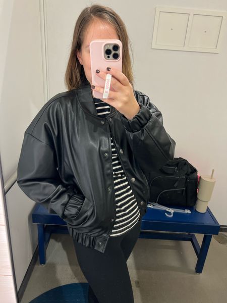 A leather bomber that is thick and great quality. Strong elastics at the sleeves and waist to give it shape. Snap buttons. Would wear open

Sizing: wearing my true size s to style open

If planning on wearing buttoned or over thicker layers, size up 1 

Striped t- wearing my true s 

Under $50 on sale!



#LTKfindsunder50 #LTKstyletip #LTKSeasonal