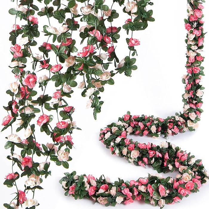 PONKING 8 Pcs x 8.2 ft Flower Garland Artificial Rose Vine Flowers with Green Leaves Hanging Fake... | Amazon (US)