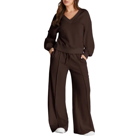 DOKOTOO Sweatsuits for Women 2 Piece Outfits Oversized Casual V Neck Sweatshirt with Wide Leg Swe... | Walmart (US)