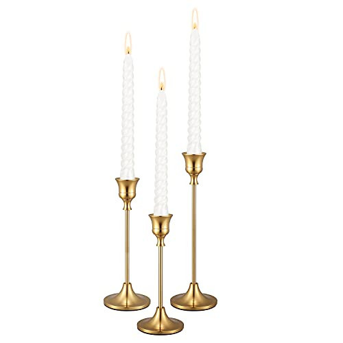 PNAVMG Gold Candlestick Holders Taper Candle Holder - Set of 3 Pcs Brass Gold Candle Stick Holder Centerpieces Decorations for Table, Mantel, Wedding, Dinning, Party(Candles not Include) | Amazon (US)