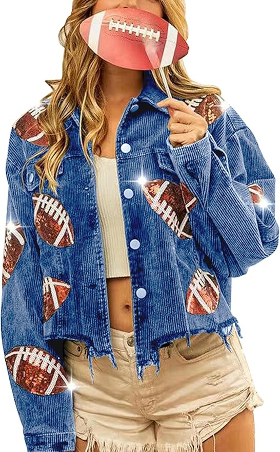 VAOYIU Women's Cropped Corduroy Jacket Rugby Sequin Washed Distressed Button Raw Hem Jacket Coat | Amazon (US)