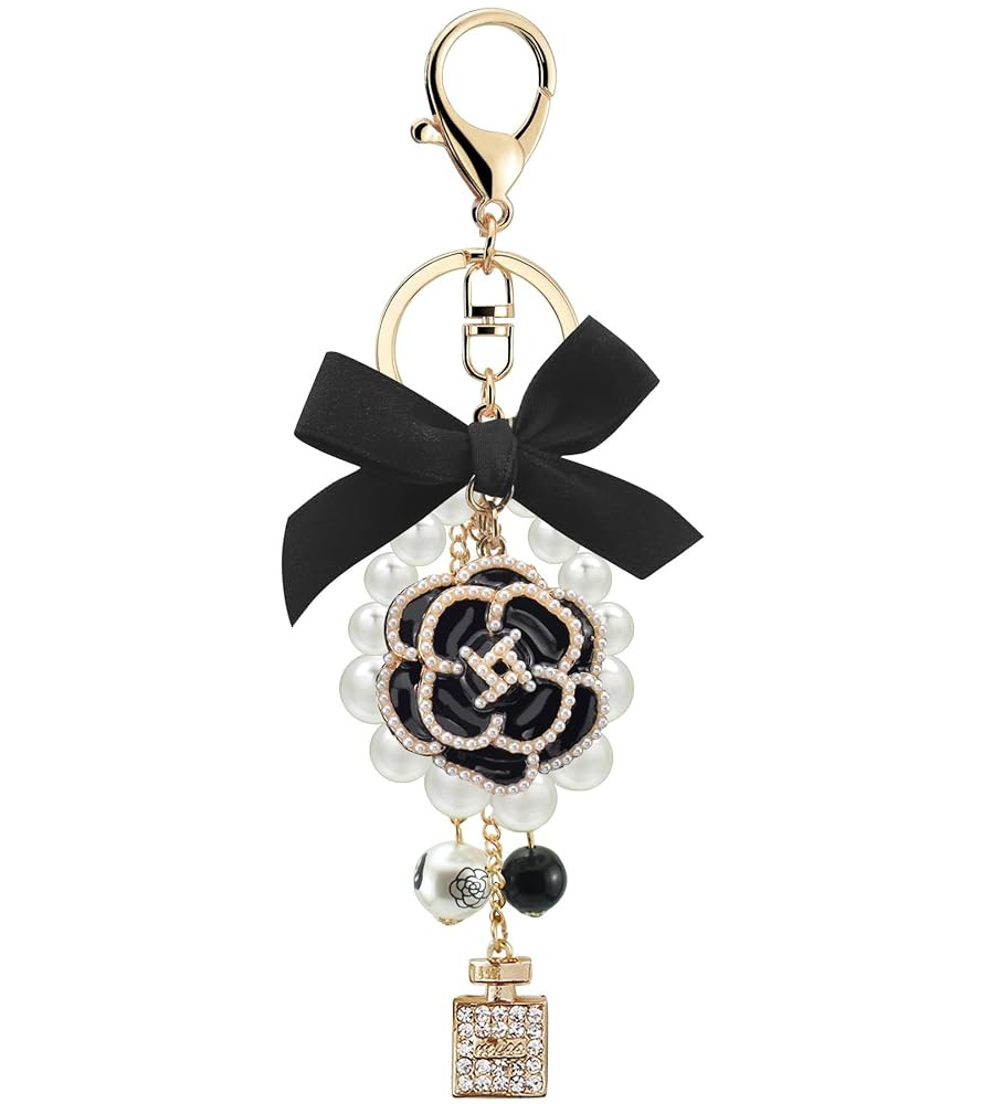 Camellia Flower Bag Charms Bow-Knot keychain with Pearl Lucky Five Chain Dangle Charm for Women's... | Amazon (US)