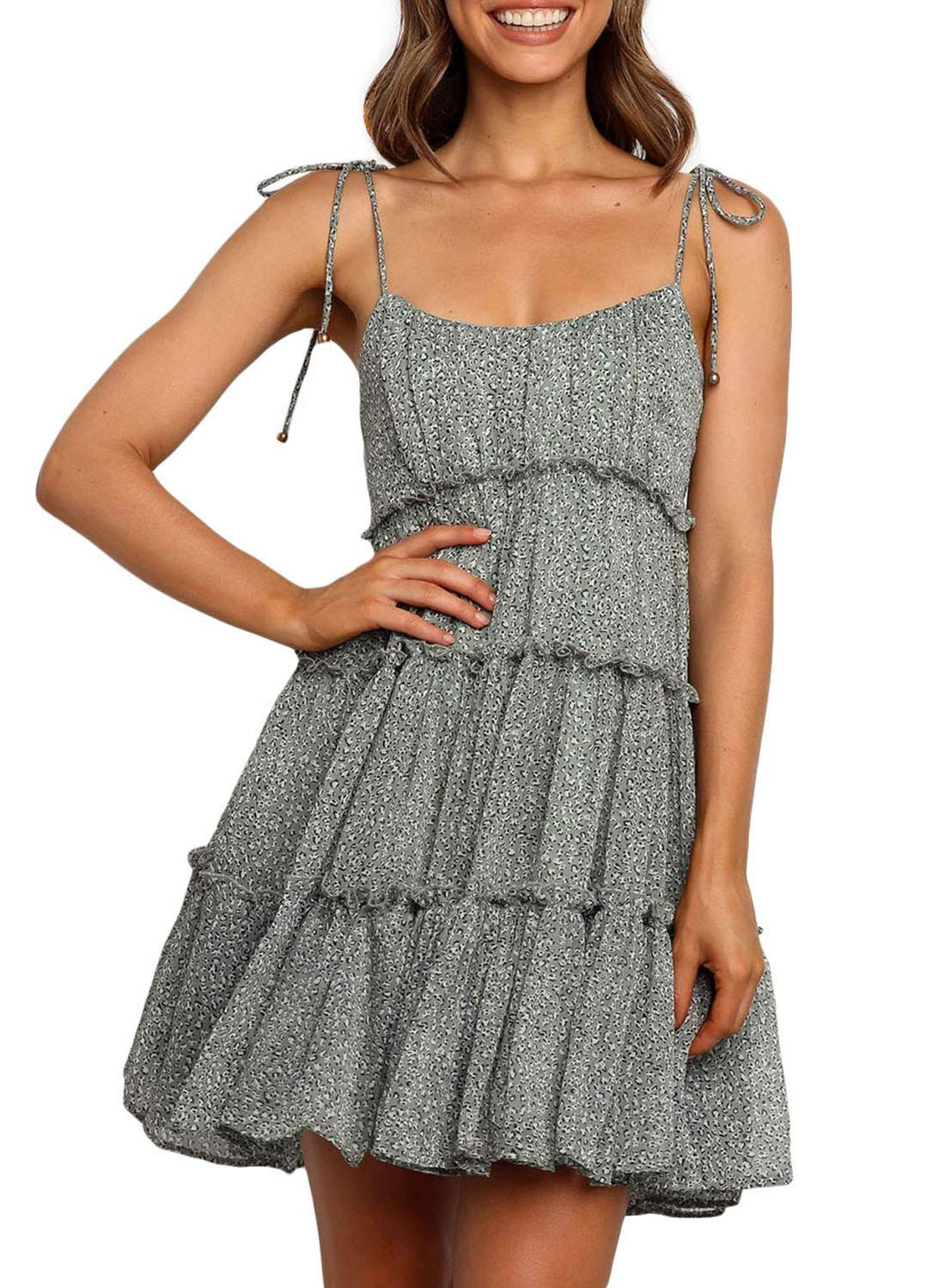 Eytino Women Casual Printed Sleeveless Square Neck Layered Ruffle Swing Mini Dress(S-XL) | Amazon (US)