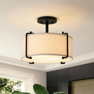DSI LIGHTING Brookley 14 in. 2-Light Matte Black Modern Semi-Flush Mount with White Fabric Shade ... | The Home Depot
