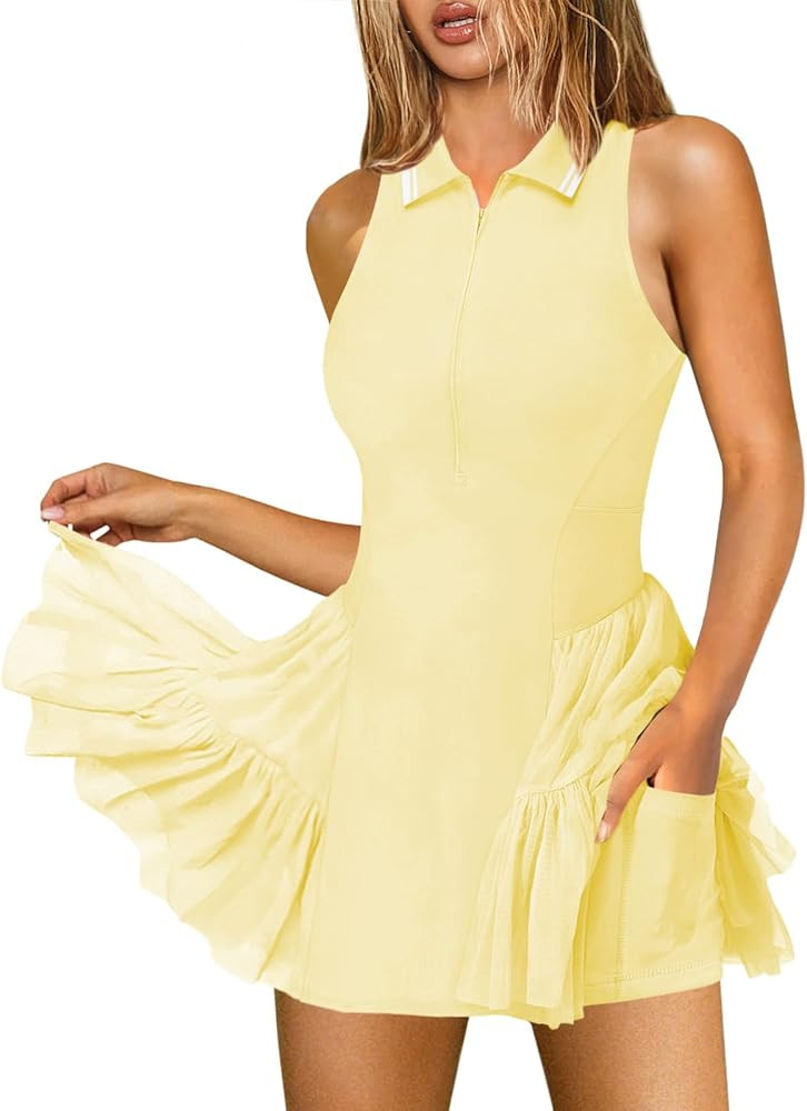 Women's Mini Flowy Pleated Ruffle Tennis Athletic Dress for Women Summer Polo Golf Dress with Sho... | Amazon (US)