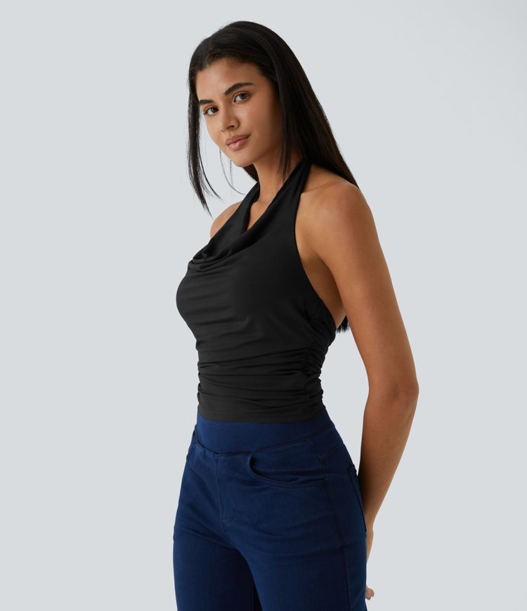 Women’s Halter Cowl Neck Backless Ruched Casual Tank Vest Top - Halara | Halara UK