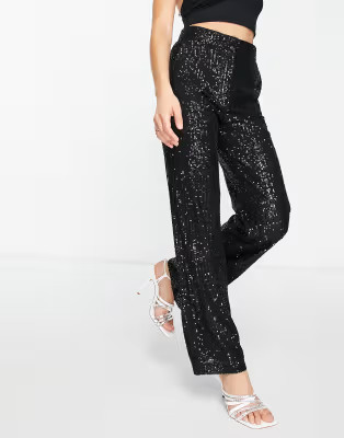 ASOS DESIGN straight sequin ankle grazer pants in black | ASOS (Global)