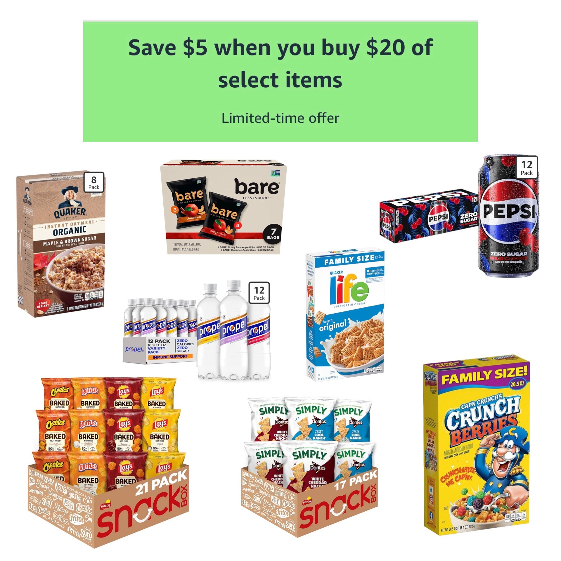 Fantastic Amazon Flash Deal this morning on grocery items! Instant $5 off $20 purchase that includes tons of products from brands like Frito Lay, Quaker, Pepsi, etc. Absolutely worth browsing! 

#LTKfoodie #LTKHome #LTKSaleAlert