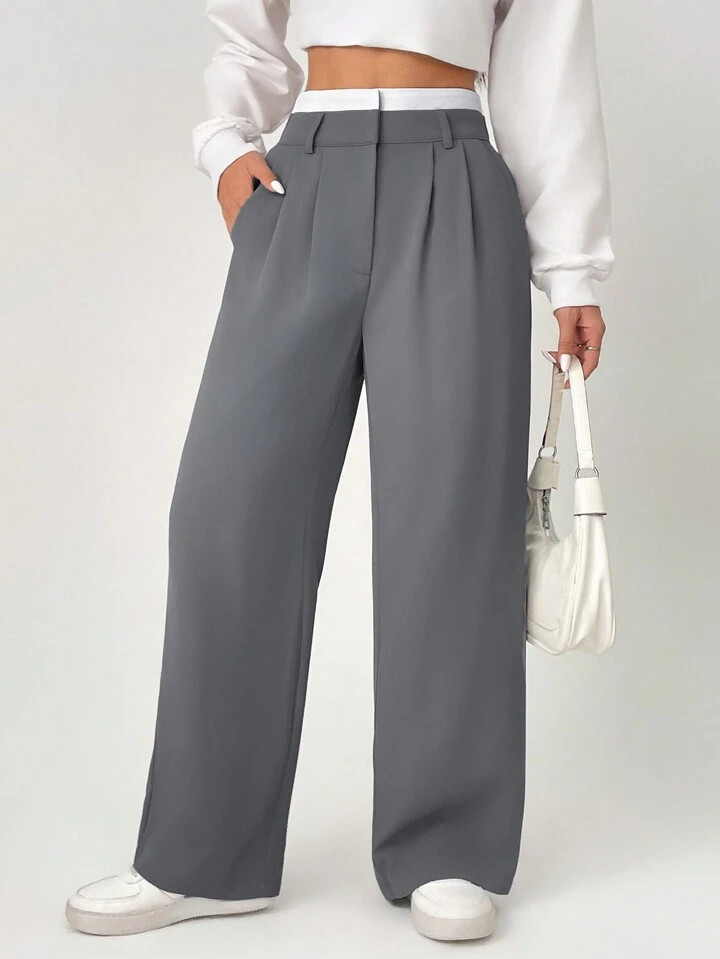 SHEIN PETITE Spring Dress PantsHigh Waist Plicated Detail Wide Leg Suit Pants | SHEIN