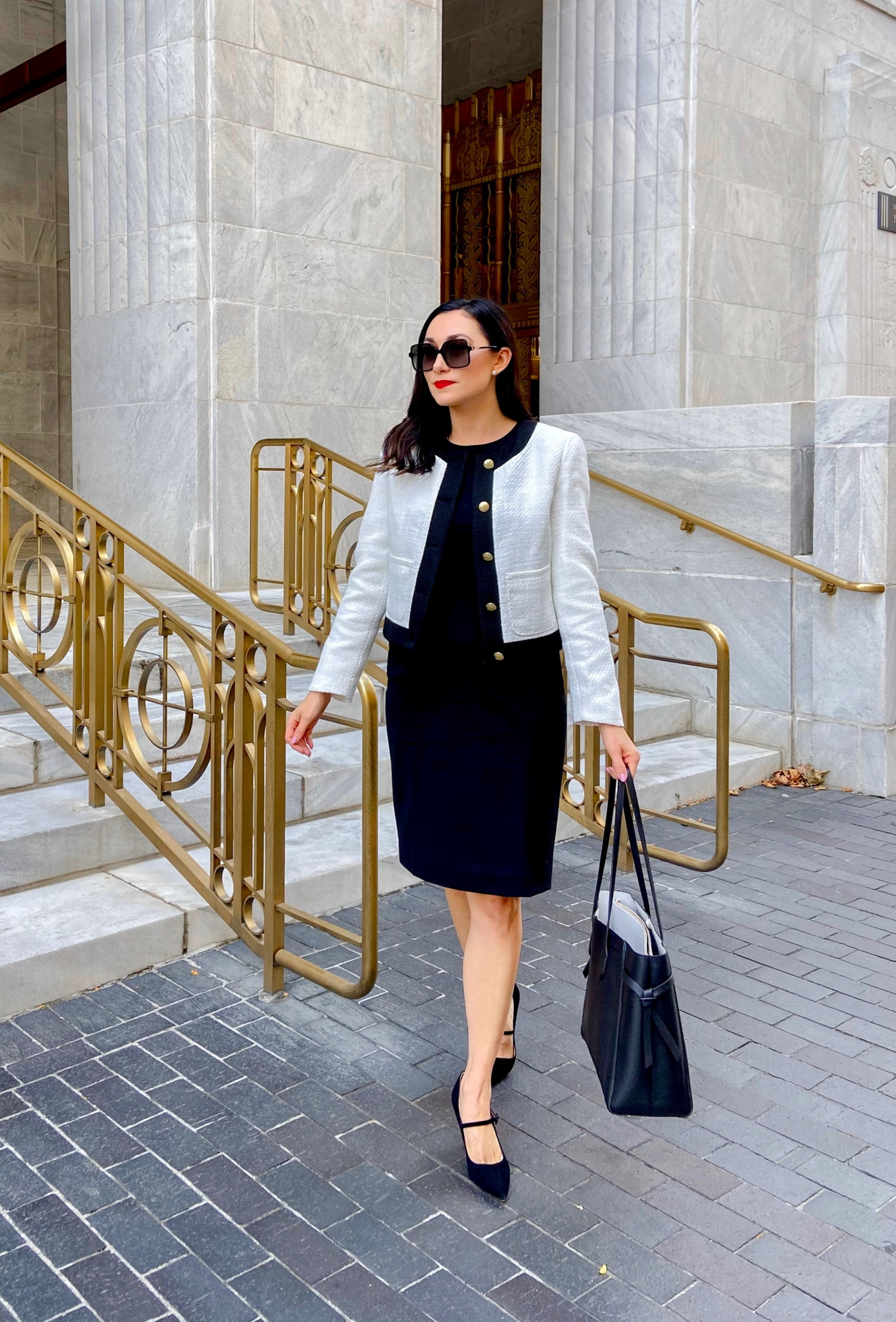 Classic business professional work outfit 🖤🤍

Tweed lady jacket size 4, size up if busty and want to button 
Black sheath dress size 4, TTS
Black Mary Janes (linked similar)
Black tote bag 

Work outfit 
Classic style 
Jackie O style 
Classy outfit 
Office chic 
Chanel inspired 
Kate Middleton style 

#LTKworkwear #LTKsalealert #LTKstyletip