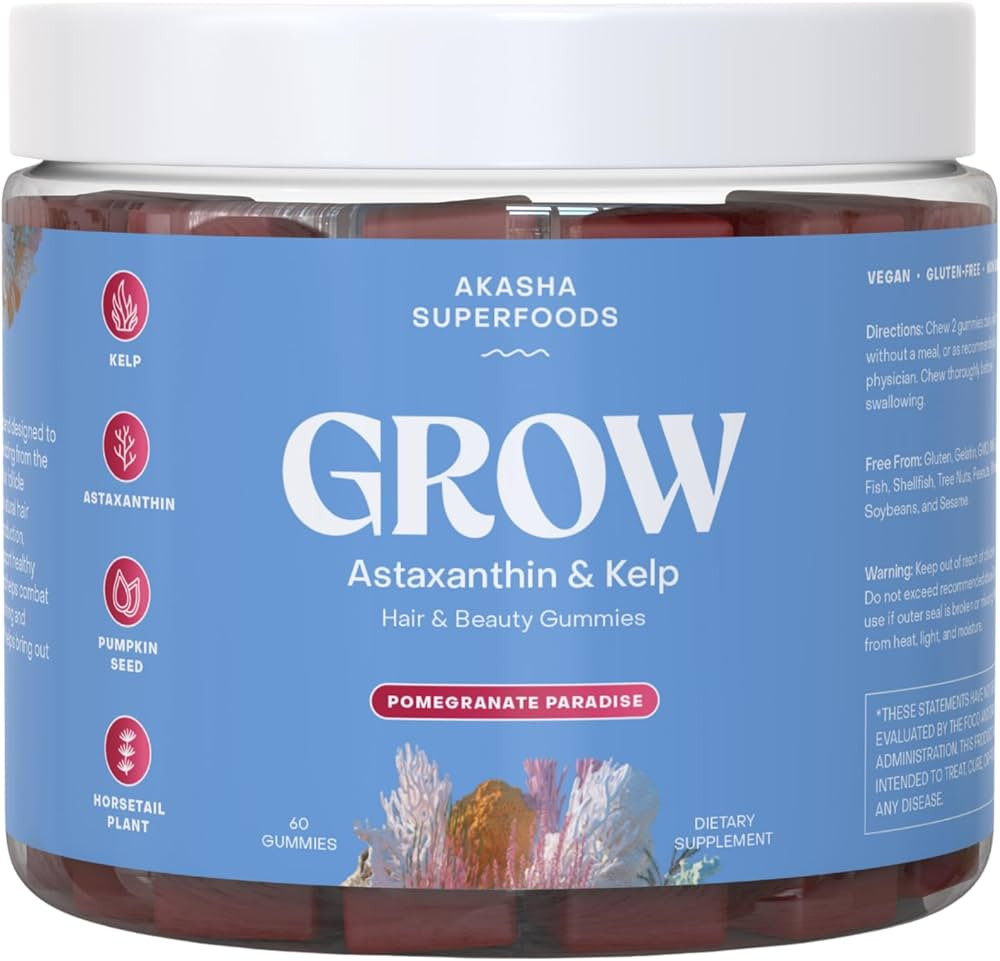 Akasha Superfoods Grow Hair & Beauty Gummies, Supplement with Zinc, Vitamin E, Astaxanthin, Kelp,... | Amazon (US)