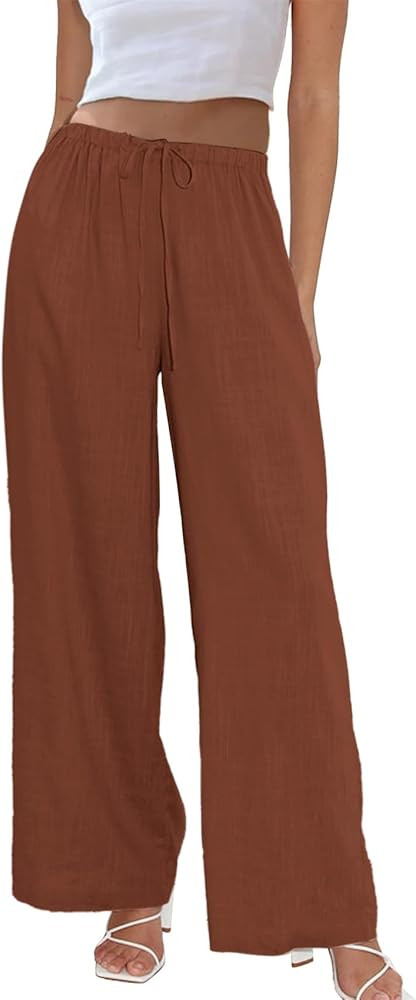 Duyang Womens Cotton Linen Palazzo Pants Drawstring Elastic Waist Casual Wide Leg Trousers with P... | Amazon (US)