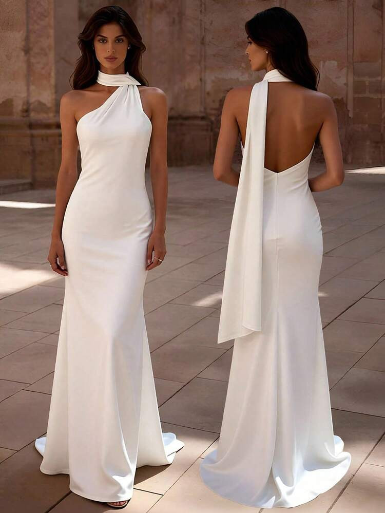 Basrey Solid Color Scarf, Turtleneck, High Waist, Bodycon, Backless, Bodycon Evening Dress, Mermaid Skirt, Dress, Cocktail Dress, Suitable For Formal Banquet, Wedding And Party, Valentine's Day | SHEIN