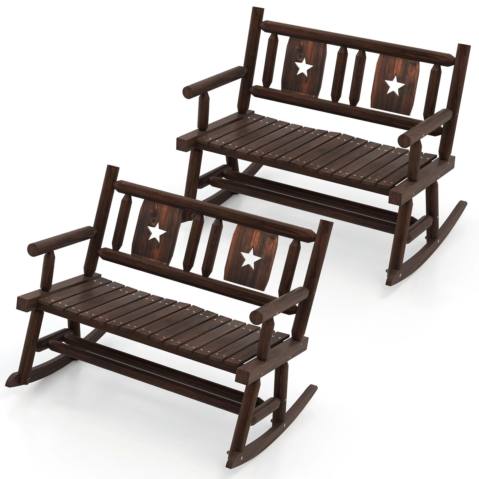 Costway 2 PCS Patio Rocking Bench Carbonized Wood Double Rocker Chair with Ergonomic Seat Rustic | Walmart (US)