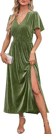 MEROKEETY Women's Short Sleeve V Neck Side Slit Velvet Maxi Dress Bridesmaid Cocktail Party Dress... | Amazon (US)