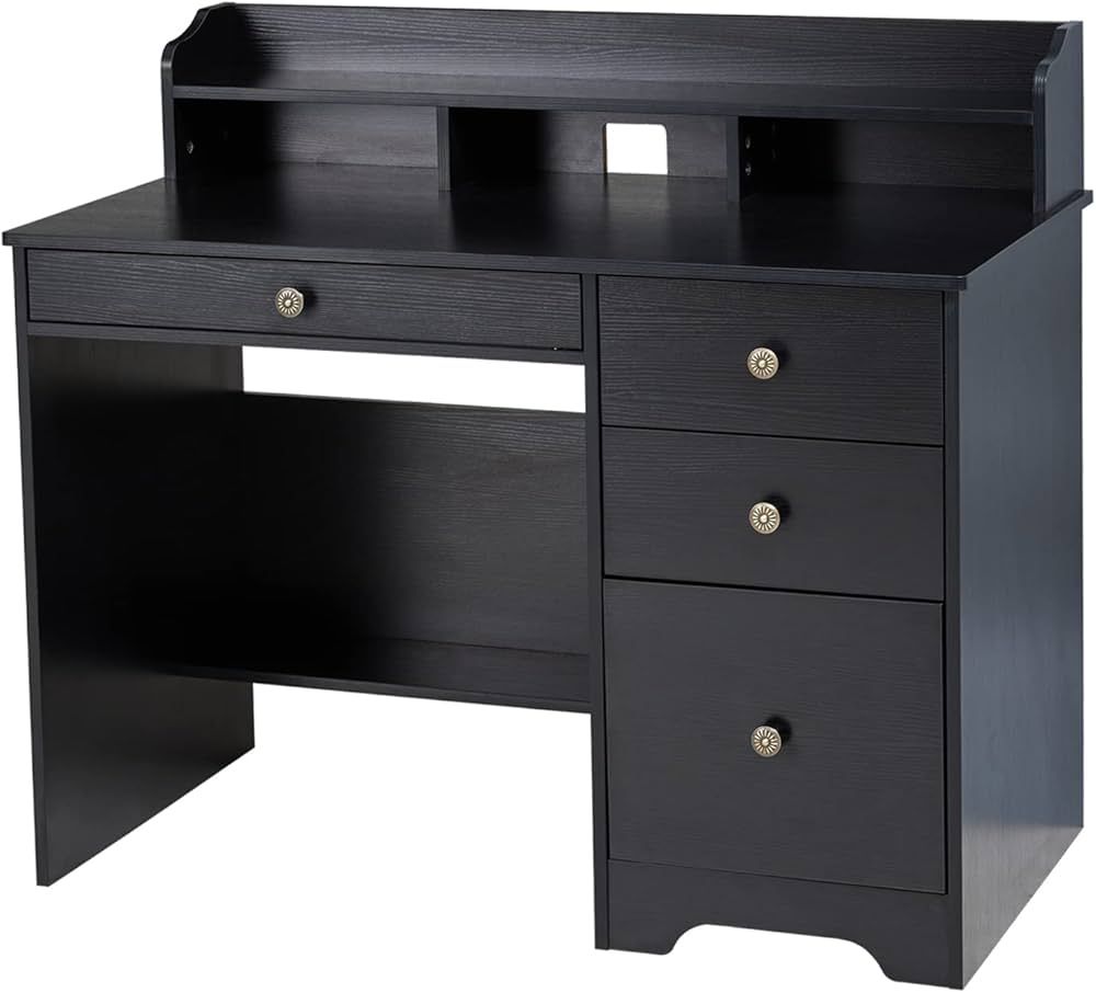 Computer Desk with 4 Storage Drawers and Hutch Shelf, Wood Frame Home Office Desk with Wide Table... | Amazon (US)