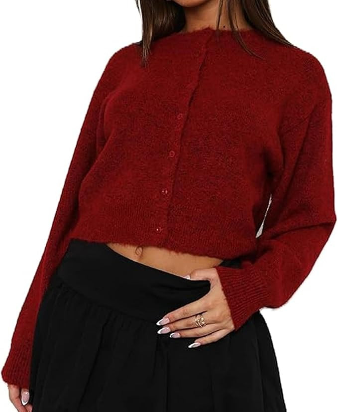 Womens Y2K Cardigan Sweaters Long Sleeve Open Front Button Down Crop Sweater Solid Knit Pullover ... | Amazon (US)