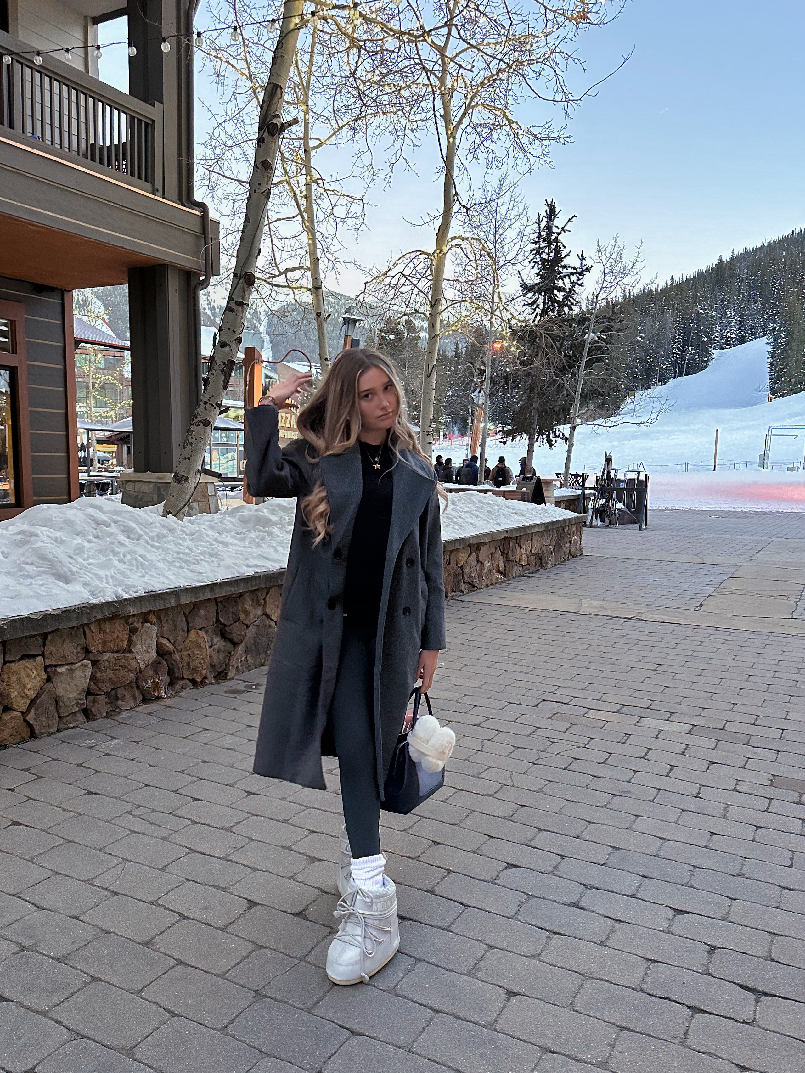 winter fuzzy moon boots ski trip aspen Colorado long coat trench coat gray fuzzy ear muffs purse accessories mountains snow holiday spring fashion style inspiration outfit OOTD 

#LTKSeasonal #LTKSaleAlert #LTKStyleTip