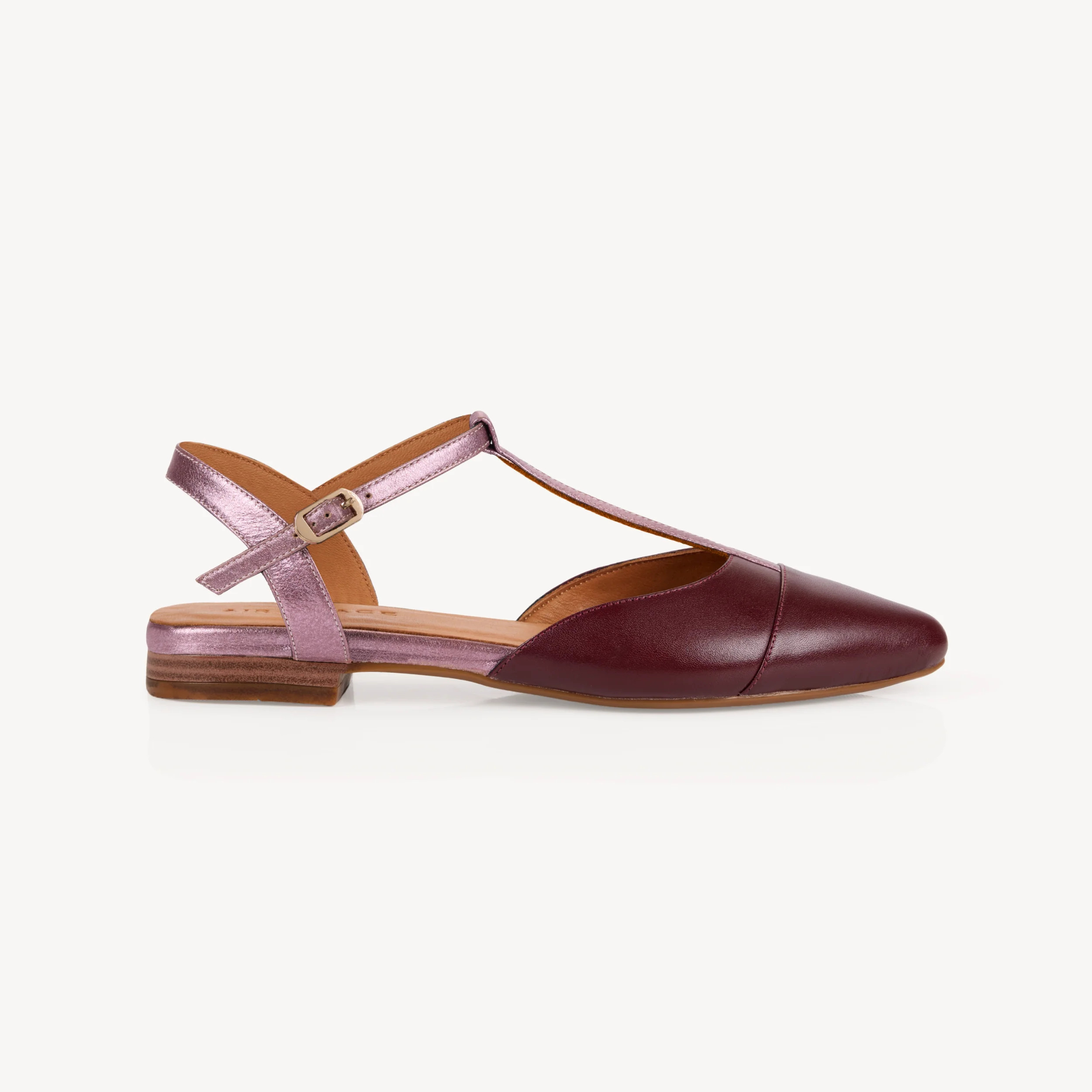 Anais: Burgundy Leather Pointed T-Bar Flats | Air & Grace